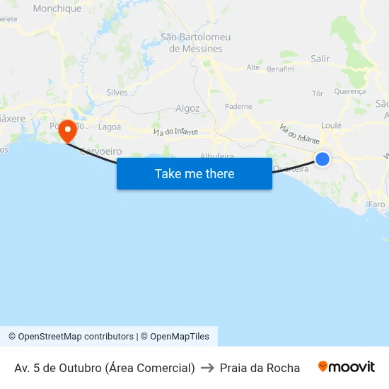 Av. 5 de Outubro (Área Comercial) to Praia da Rocha map