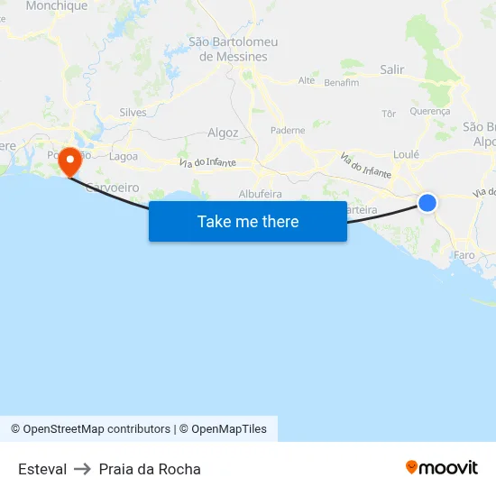 Esteval to Praia da Rocha map