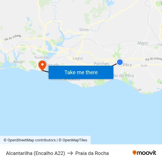 Alcantarilha (Encalho A22) to Praia da Rocha map