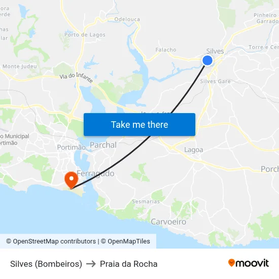 Silves (Bombeiros) to Praia da Rocha map