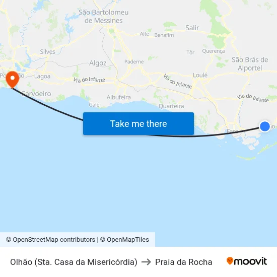 Olhão (Sta. Casa da Misericórdia) to Praia da Rocha map