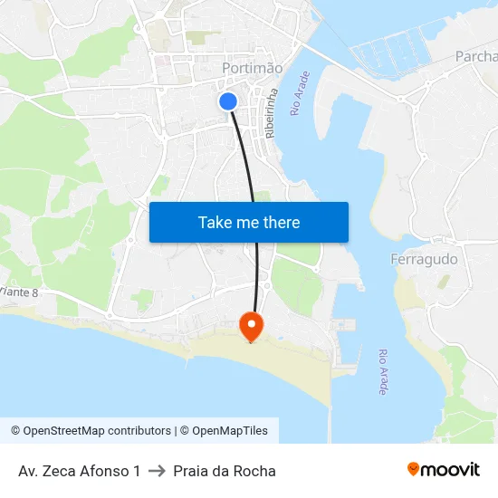 Av. Zeca Afonso 1 to Praia da Rocha map