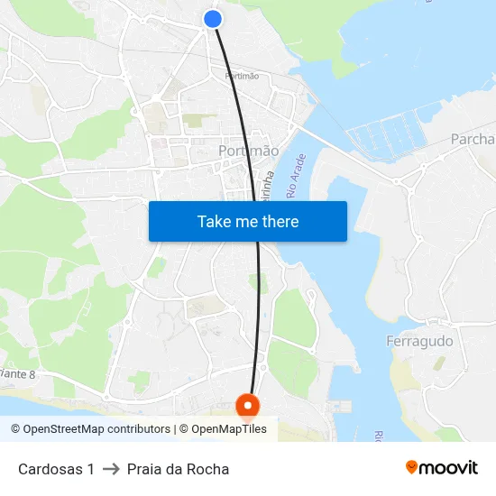 Cardosas 1 to Praia da Rocha map