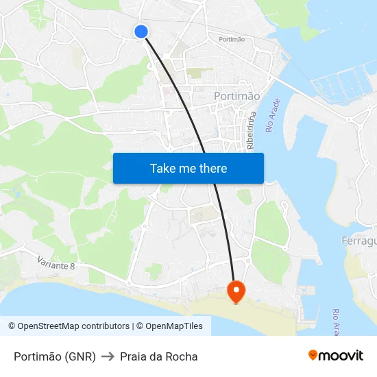 Portimão (GNR) to Praia da Rocha map