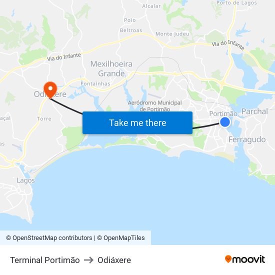 Terminal Portimão to Odiáxere map