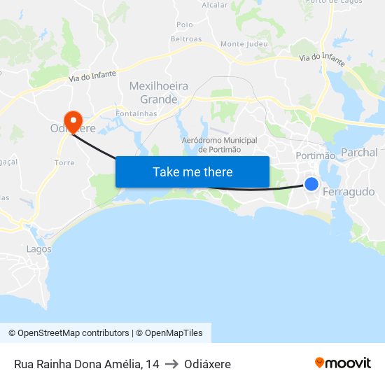 Rua Rainha Dona Amélia, 14 to Odiáxere map