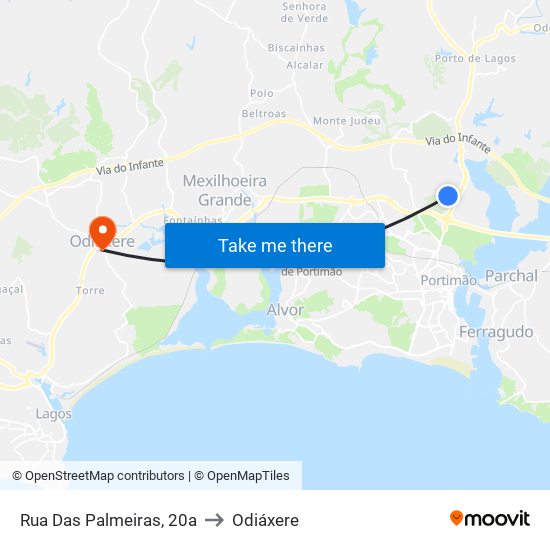 Rua Das Palmeiras, 20a to Odiáxere map