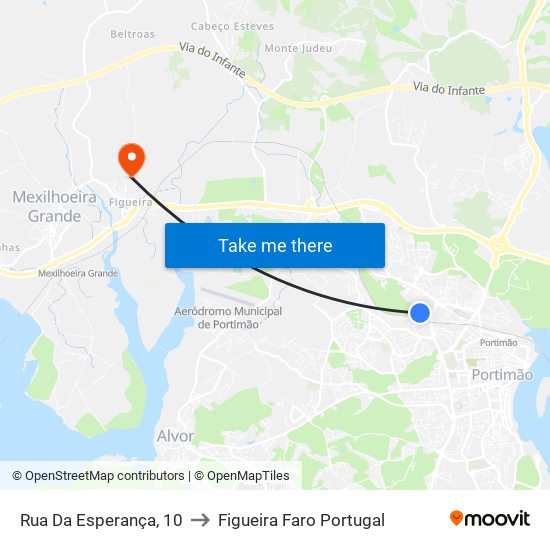 Rua Da Esperança, 10 to Figueira Faro Portugal map