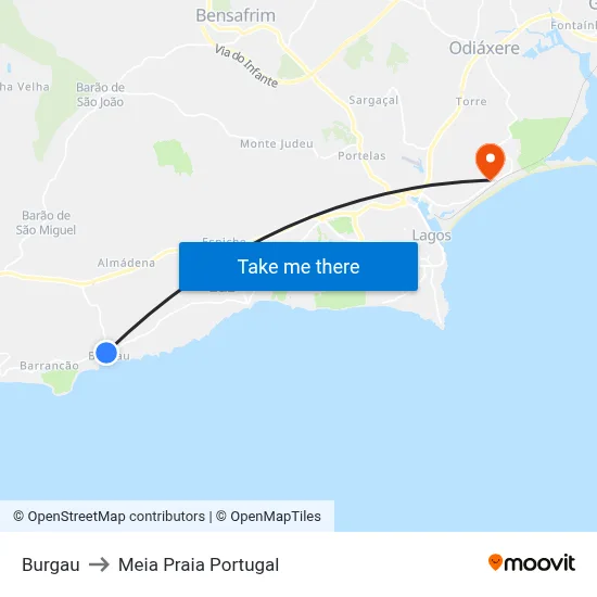 Burgau to Meia Praia Portugal map