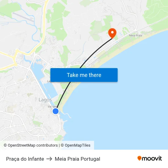 Praça do Infante to Meia Praia Portugal map