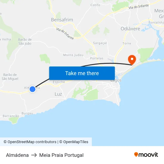 Almádena to Meia Praia Portugal map