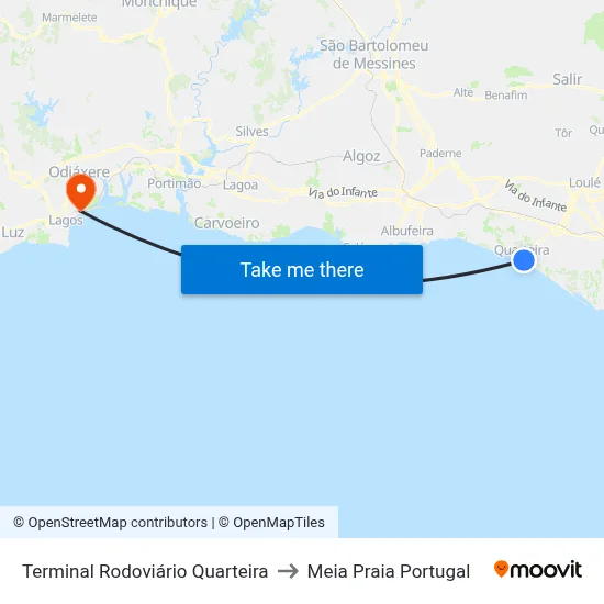 Terminal Rodoviário Quarteira to Meia Praia Portugal map