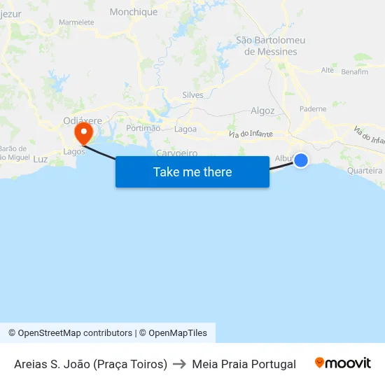 Areias S. João (Praça Toiros) to Meia Praia Portugal map