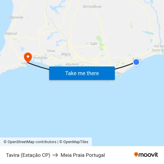 Tavira (Estação CP) to Meia Praia Portugal map