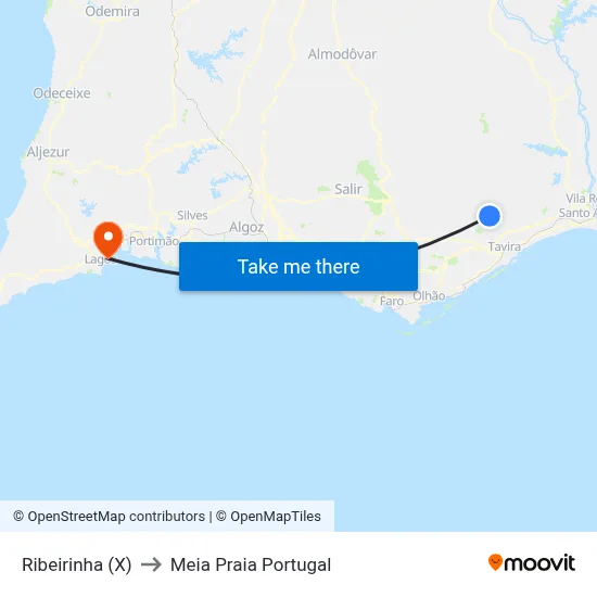 Ribeirinha (X) to Meia Praia Portugal map