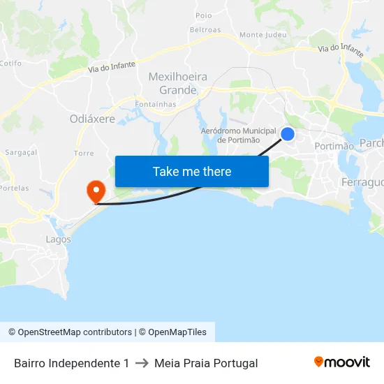 Bairro Independente 1 to Meia Praia Portugal map