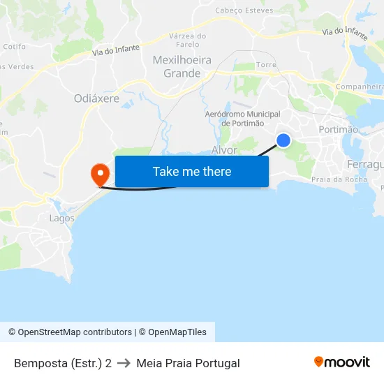 Bemposta (Estr.) 2 to Meia Praia Portugal map
