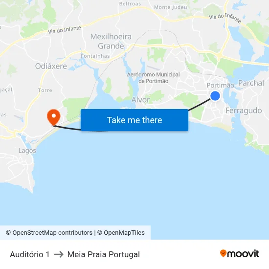 Auditório 1 to Meia Praia Portugal map