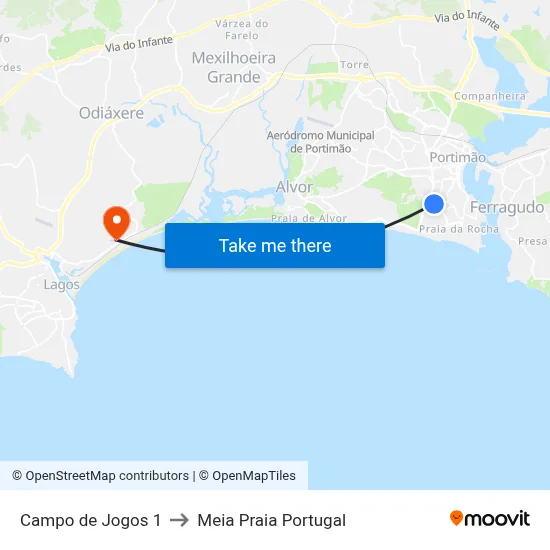 Campo de Jogos 1 to Meia Praia Portugal map
