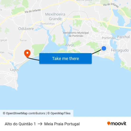 Alto do Quintão 1 to Meia Praia Portugal map