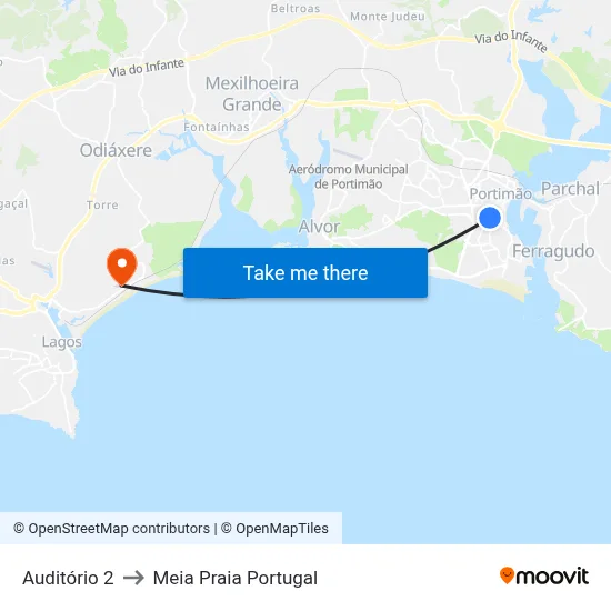 Auditório 2 to Meia Praia Portugal map