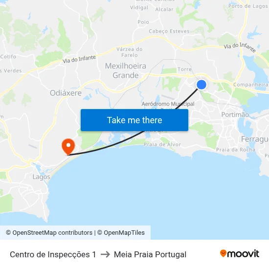 Centro de Inspecções 1 to Meia Praia Portugal map