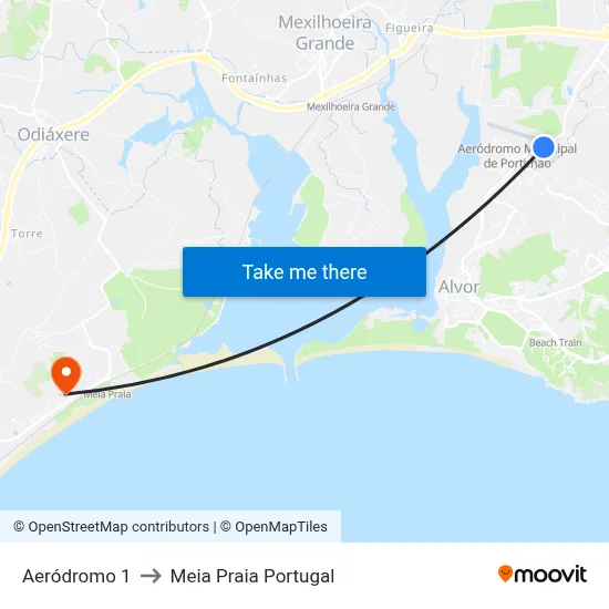 Aeródromo 1 to Meia Praia Portugal map