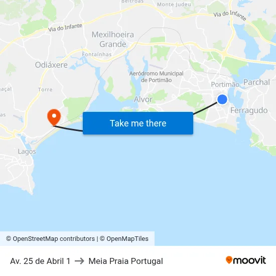 Av. 25 de Abril 1 to Meia Praia Portugal map