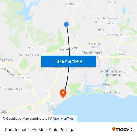 Canafechal 2 to Meia Praia Portugal map