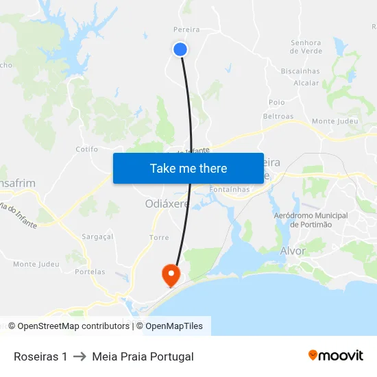 Roseiras 1 to Meia Praia Portugal map