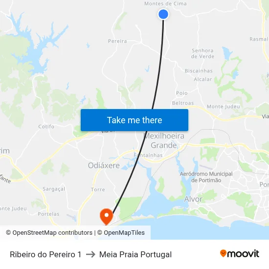 Ribeiro do Pereiro 1 to Meia Praia Portugal map
