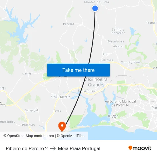 Ribeiro do Pereiro 2 to Meia Praia Portugal map