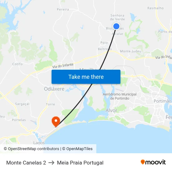Monte Canelas 2 to Meia Praia Portugal map