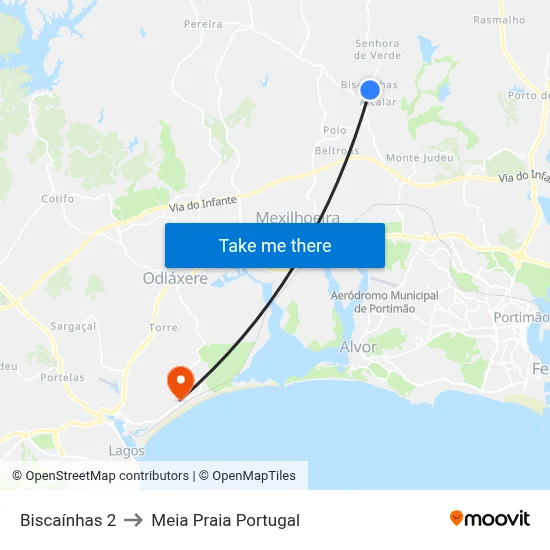 Biscaínhas 2 to Meia Praia Portugal map