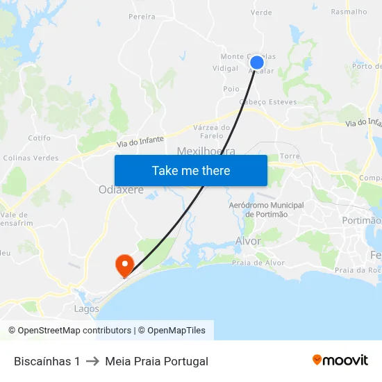 Biscaínhas 1 to Meia Praia Portugal map