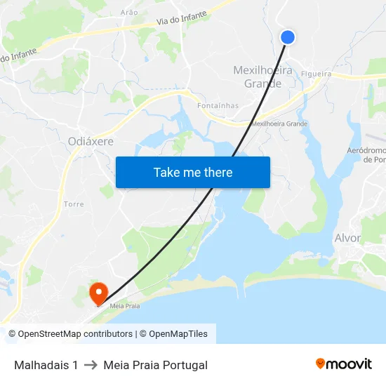 Malhadais 1 to Meia Praia Portugal map