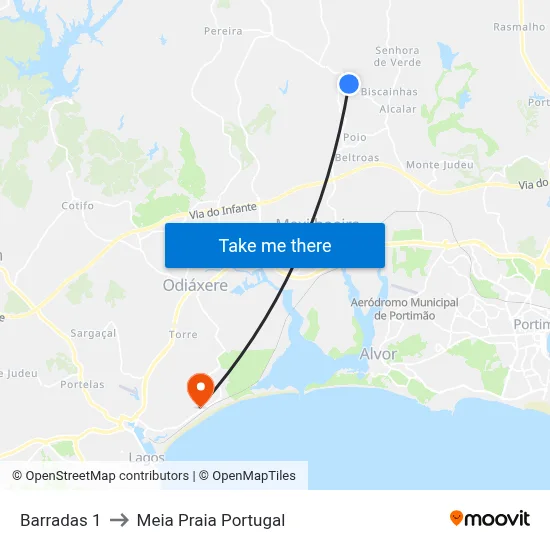 Barradas 1 to Meia Praia Portugal map