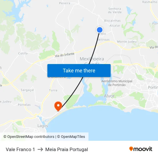 Vale Franco 1 to Meia Praia Portugal map
