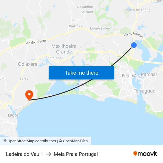Ladeira do Vau 1 to Meia Praia Portugal map