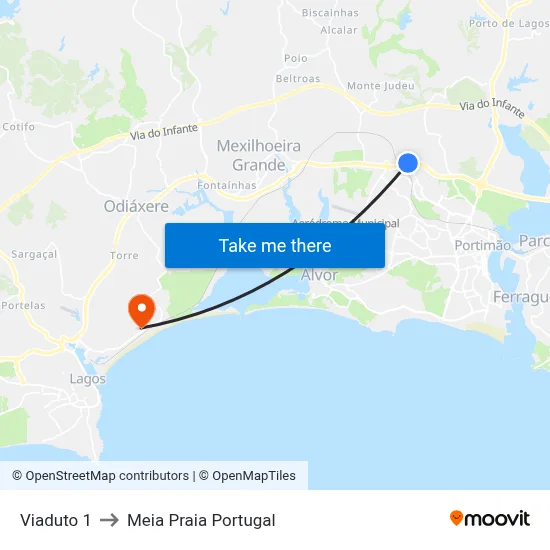 Viaduto 1 to Meia Praia Portugal map