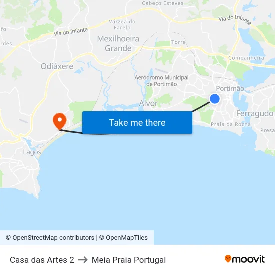Casa das Artes 2 to Meia Praia Portugal map