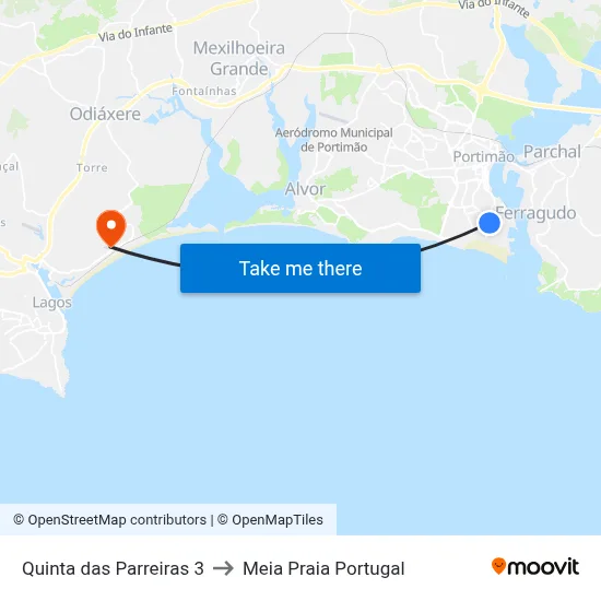 Quinta das Parreiras 3 to Meia Praia Portugal map