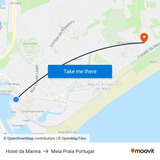 Hotel da Marina to Meia Praia Portugal map