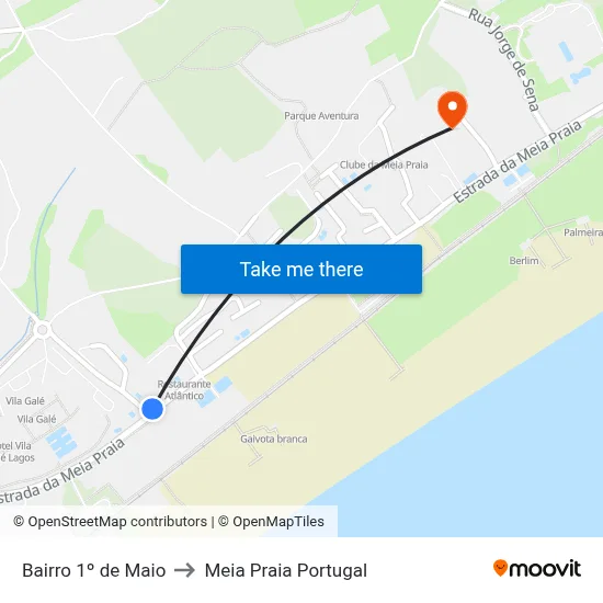 Bairro 1º de Maio to Meia Praia Portugal map