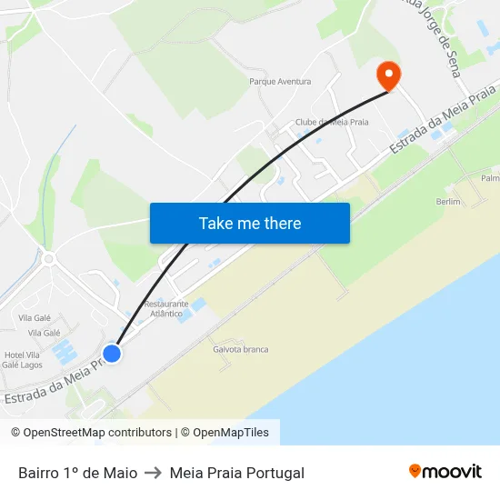 Bairro 1º de Maio to Meia Praia Portugal map