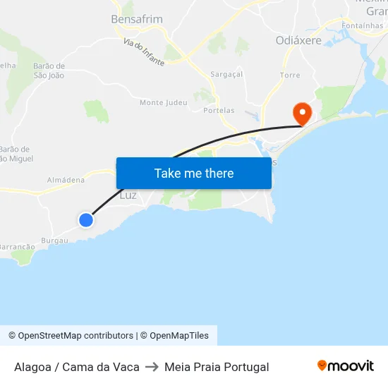 Alagoa / Cama da Vaca to Meia Praia Portugal map