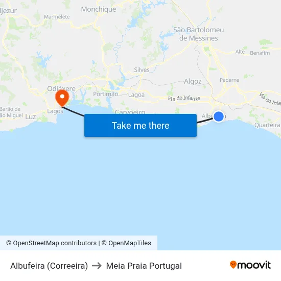 Albufeira (Correeira) to Meia Praia Portugal map