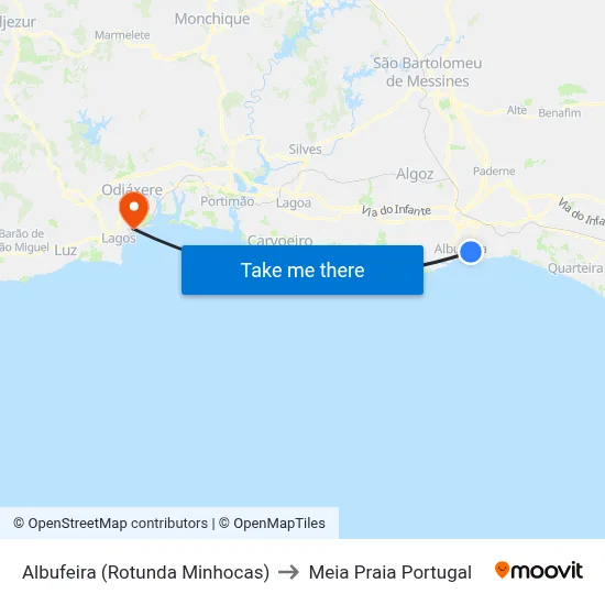 Albufeira (Rotunda Minhocas) to Meia Praia Portugal map