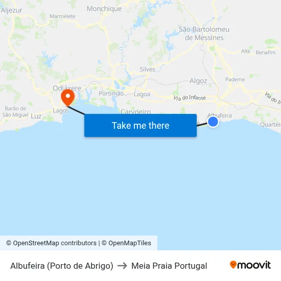 Albufeira (Porto de Abrigo) to Meia Praia Portugal map
