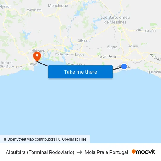 Albufeira (Terminal Rodoviário) to Meia Praia Portugal map